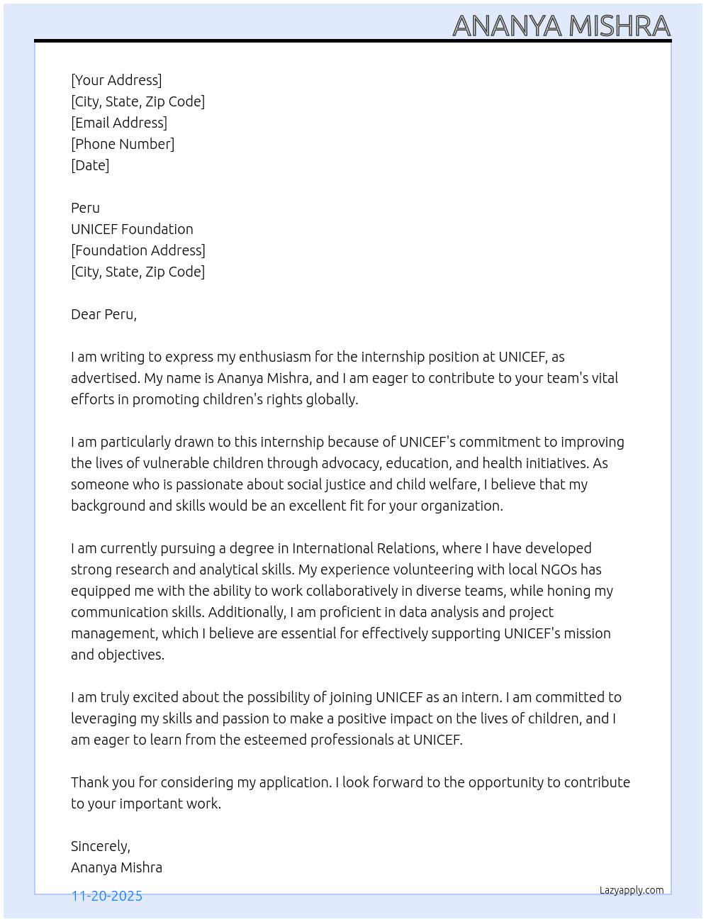 intern At UNICEF Cover Letter