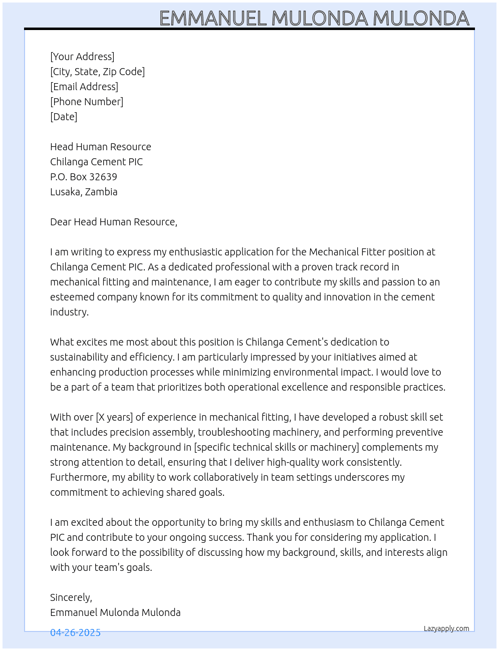 Mechanical Fitter  At Chilanga Cement PIc. P.O. Box 32639, Lusaka, Zambia, Cover Letter