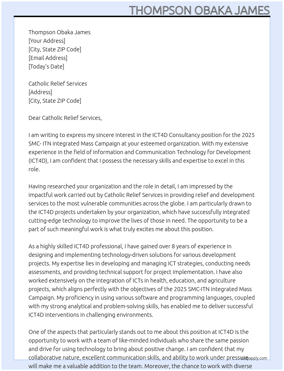 ICT4D Consultancy for 2025 SMC- ITN integrated Mass Campaign At ICT4D Cover Letter