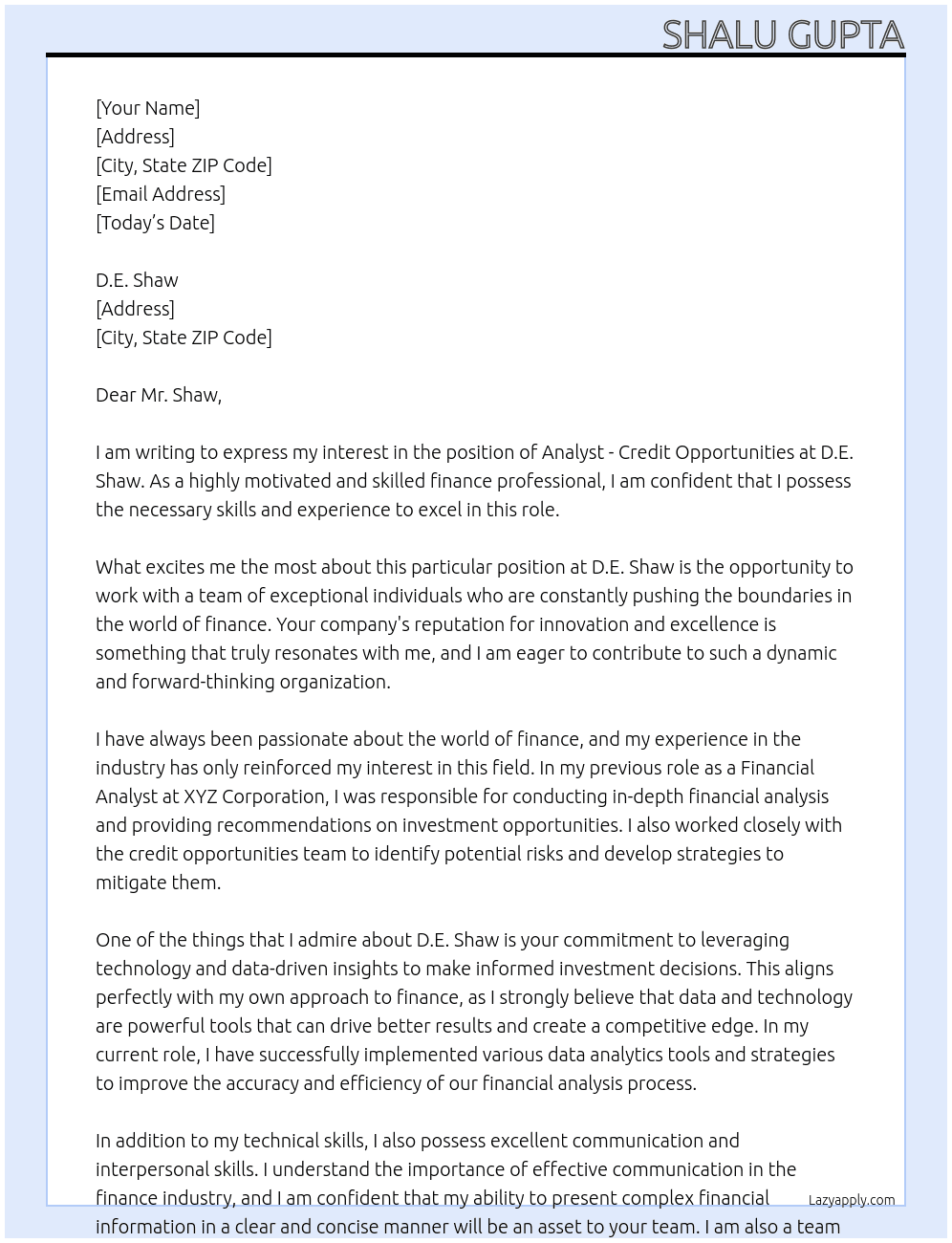 Cover letter for analyst - credit opportunities - LazyApply