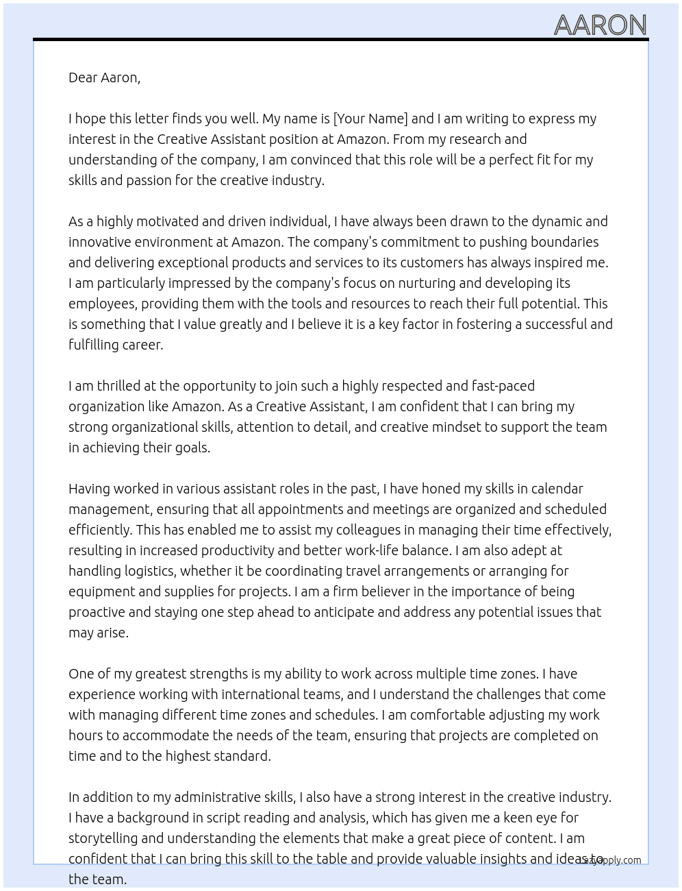 Cover letter for creative assistant - LazyApply