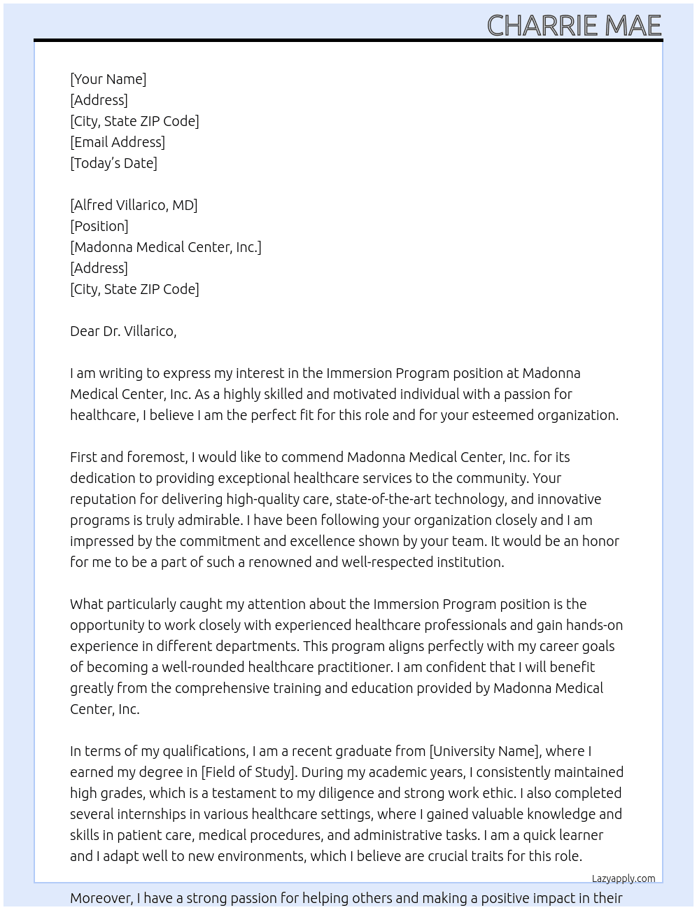 Immersion Program At Madonna Medical Center, Inc. Cover Letter