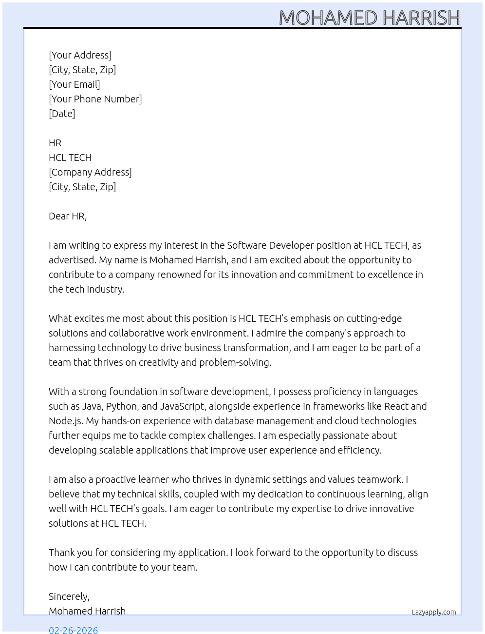 software developer At HCL TECH Cover Letter