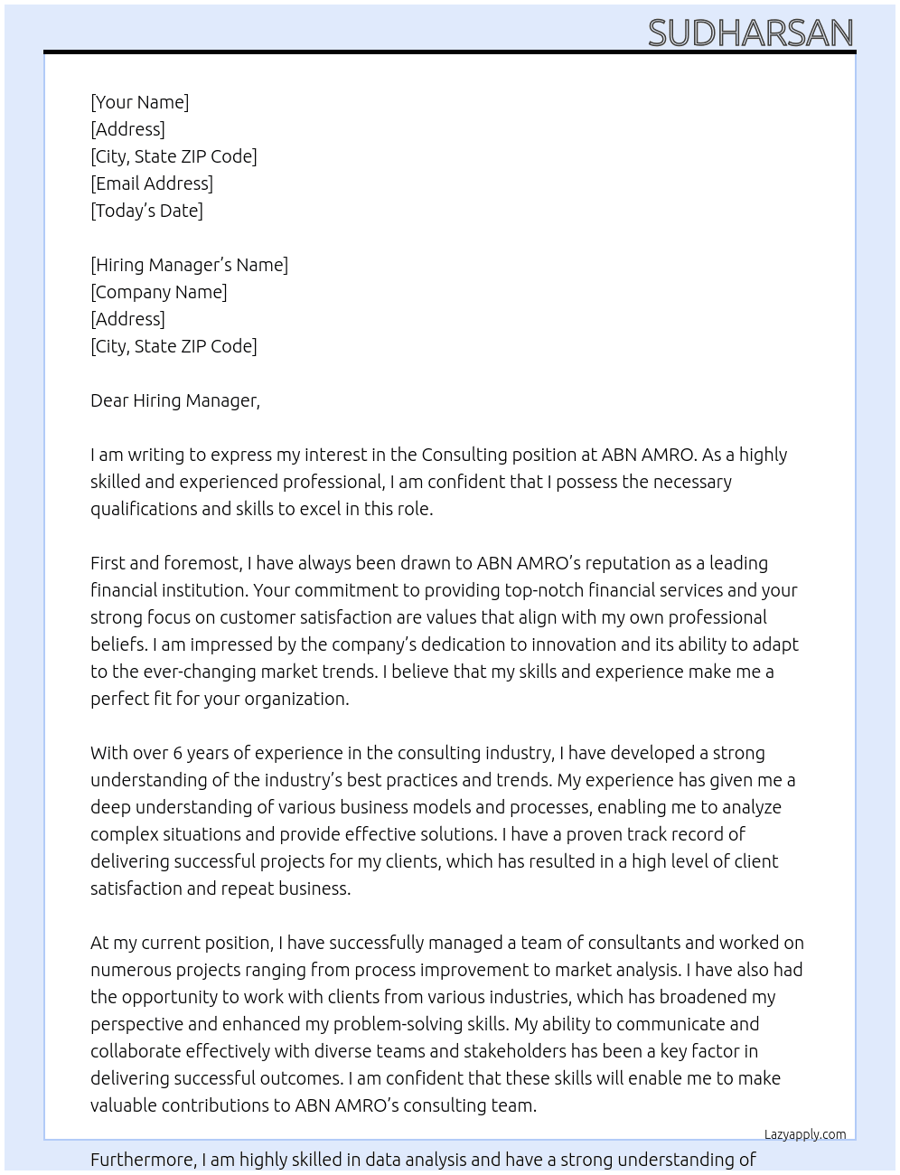 Consulting At ABN AMRO Cover Letter