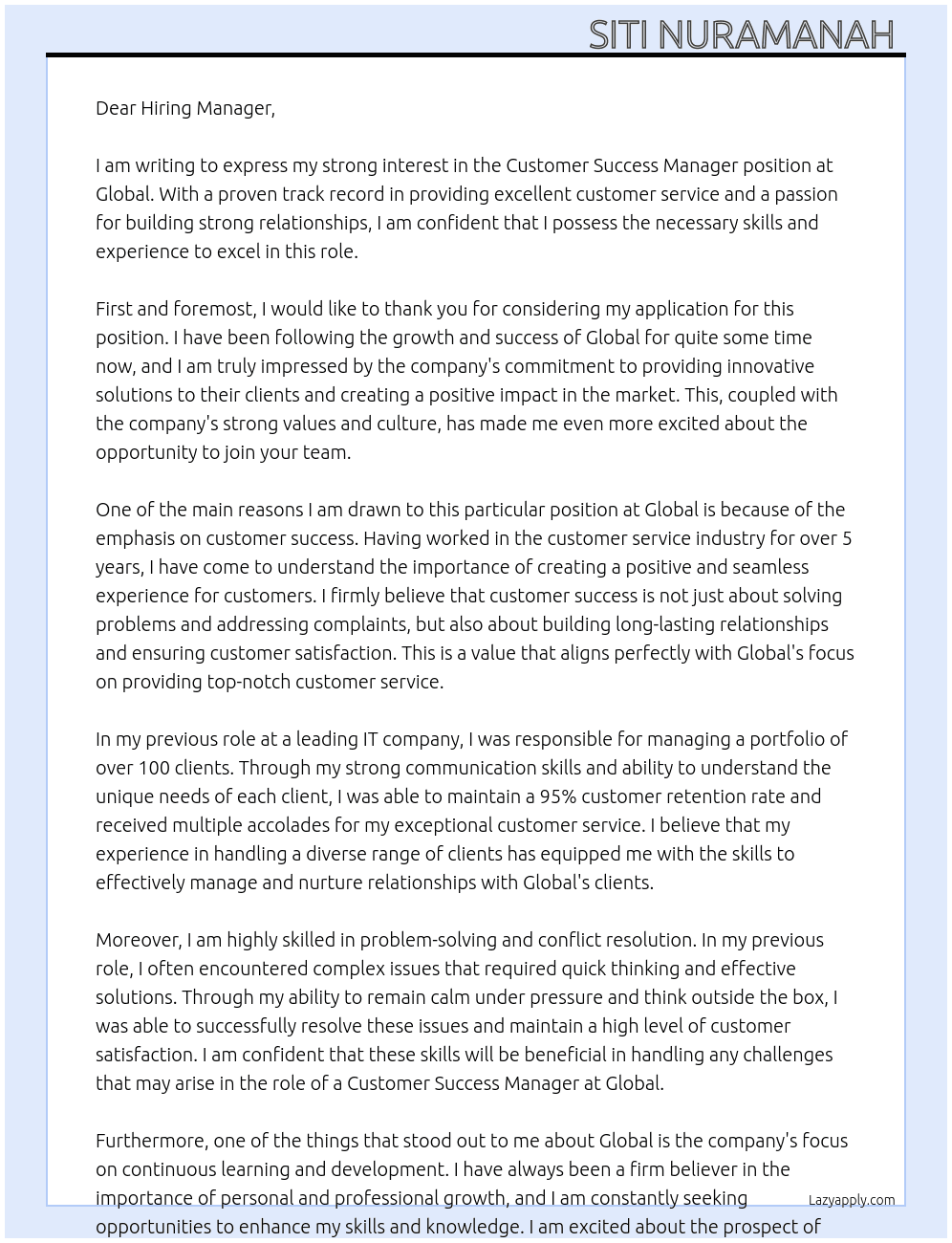 Customer success manager  At Global Cover Letter