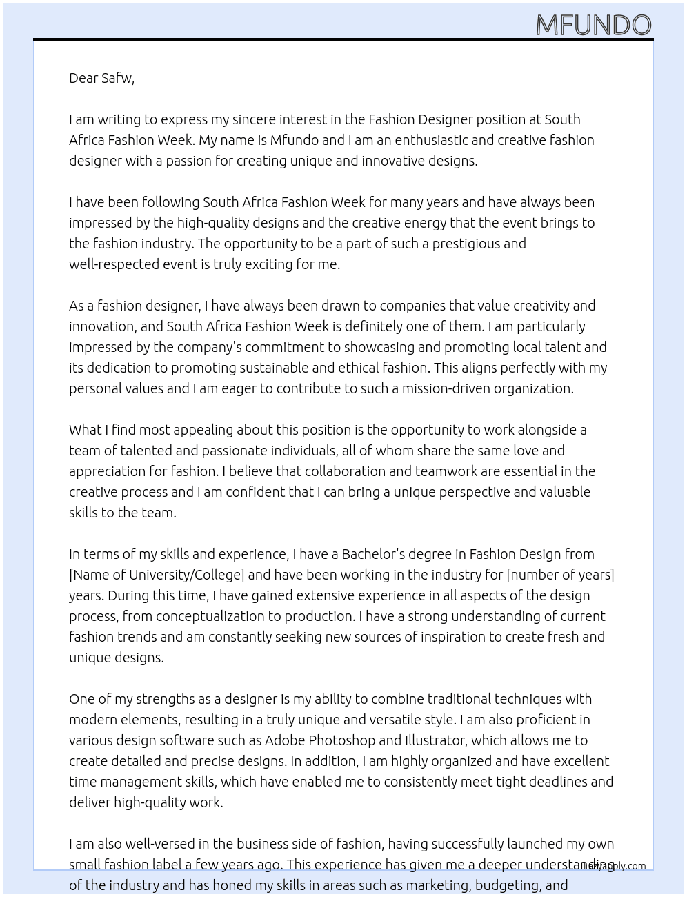 Fashion Designer  At South africa fashion week Cover Letter