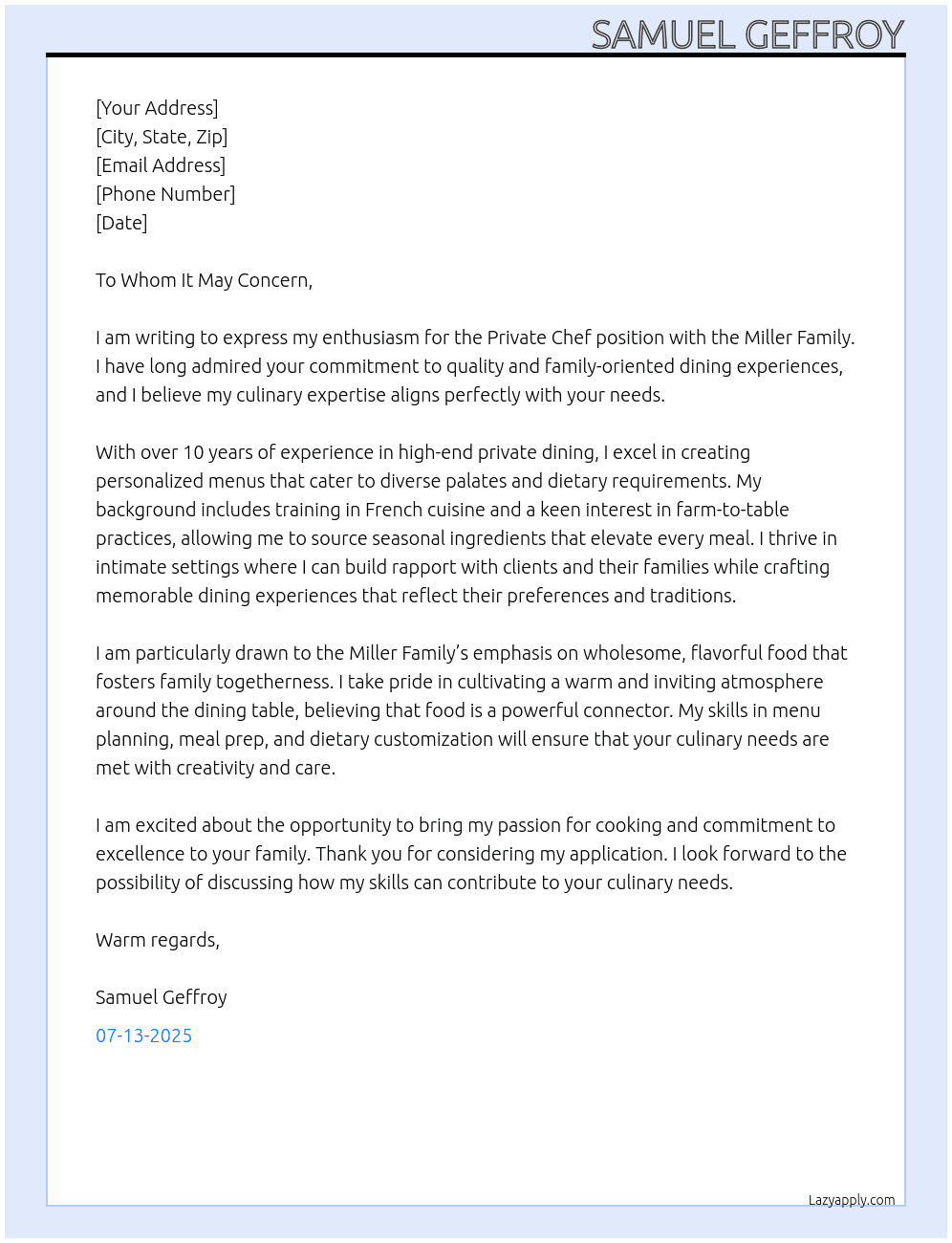 private Chef At Miller Family Cover Letter