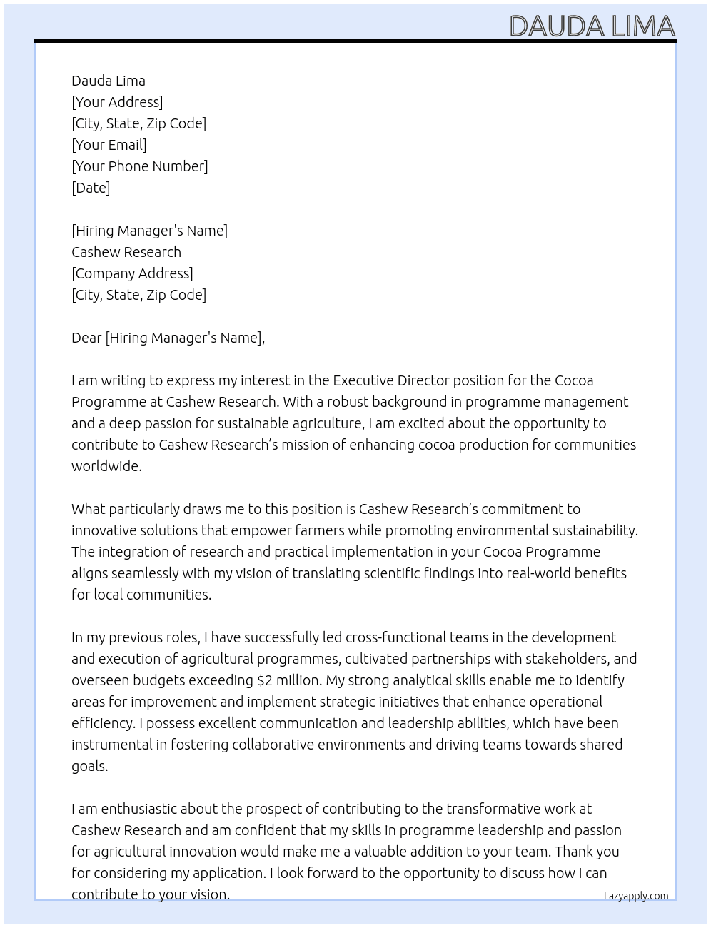 Director/Leader Cocoa Programme At Cashew Research Cover Letter