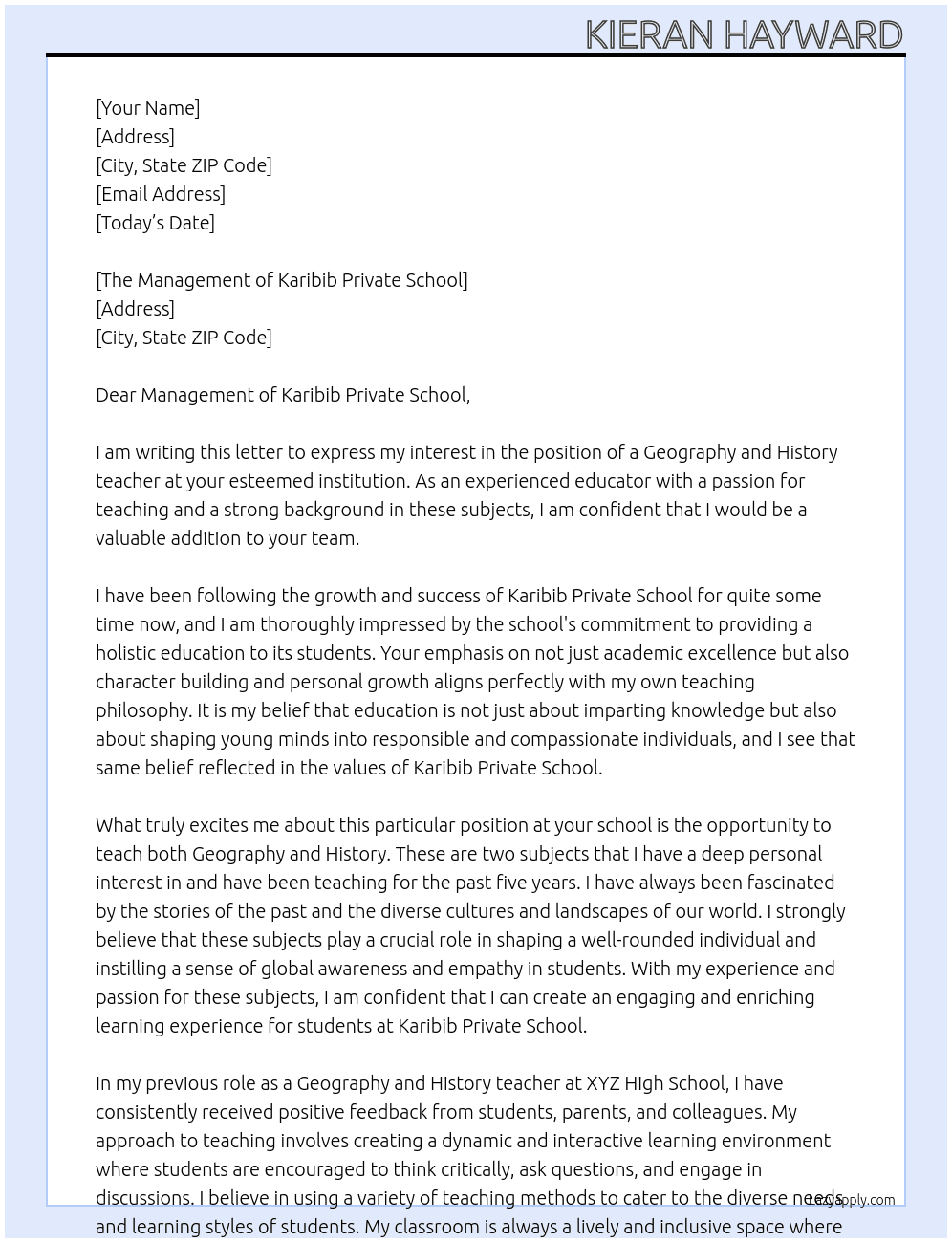 Geography and History Teacher At Kieran Cover Letter