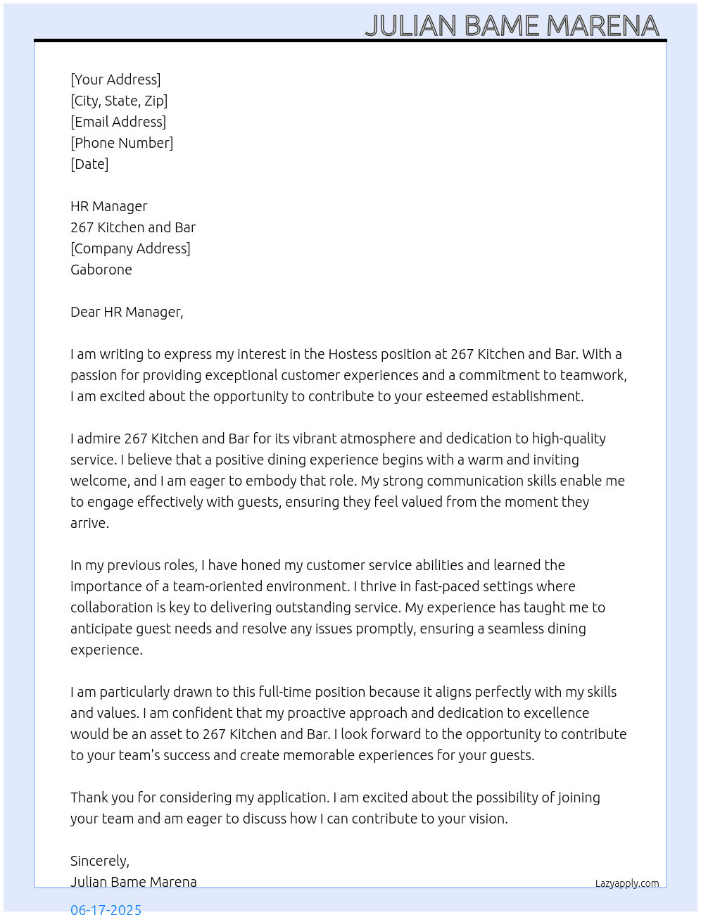 Hotess At 267 kitchen and bar Cover Letter
