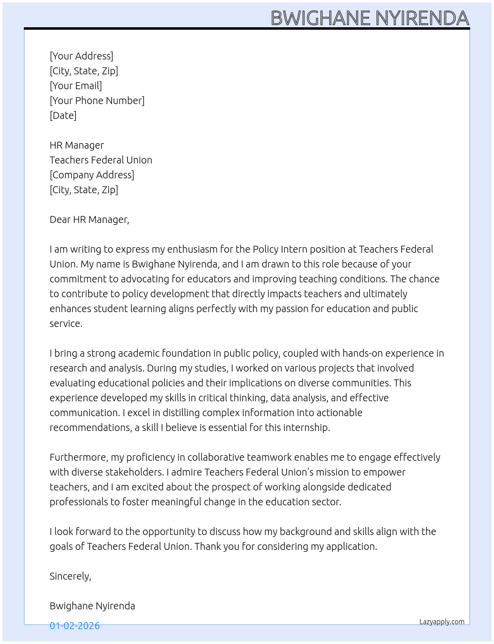 Policy intern At Teachers federal union Cover Letter
