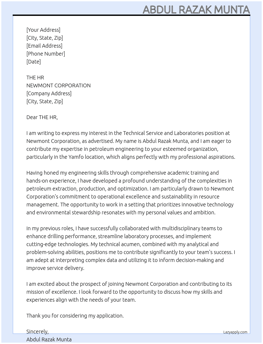 Cover letter for technical service and laboratories - LazyApply