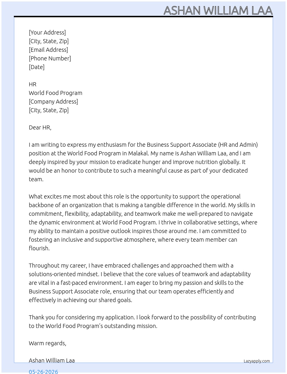 Business Support Associate (HR and Adim) At World Food Program  Cover Letter