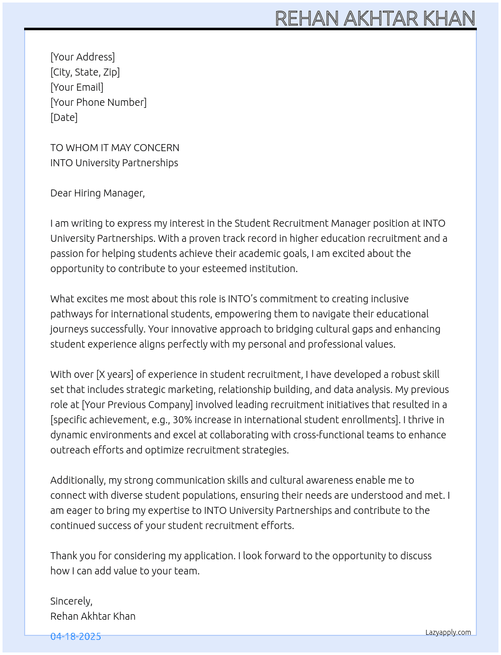 Cover letter for student recruitment manager uk - LazyApply