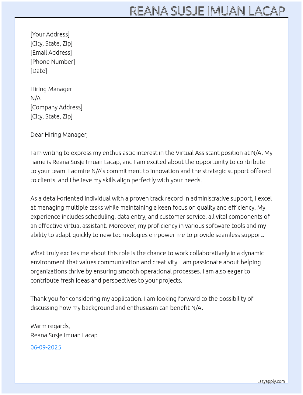 Virtual assistant At N/A Cover Letter