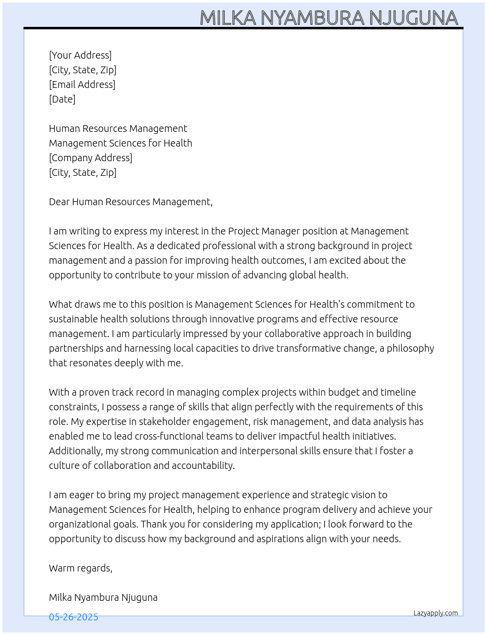 Project Manager  At Management Sciences for Health  Cover Letter