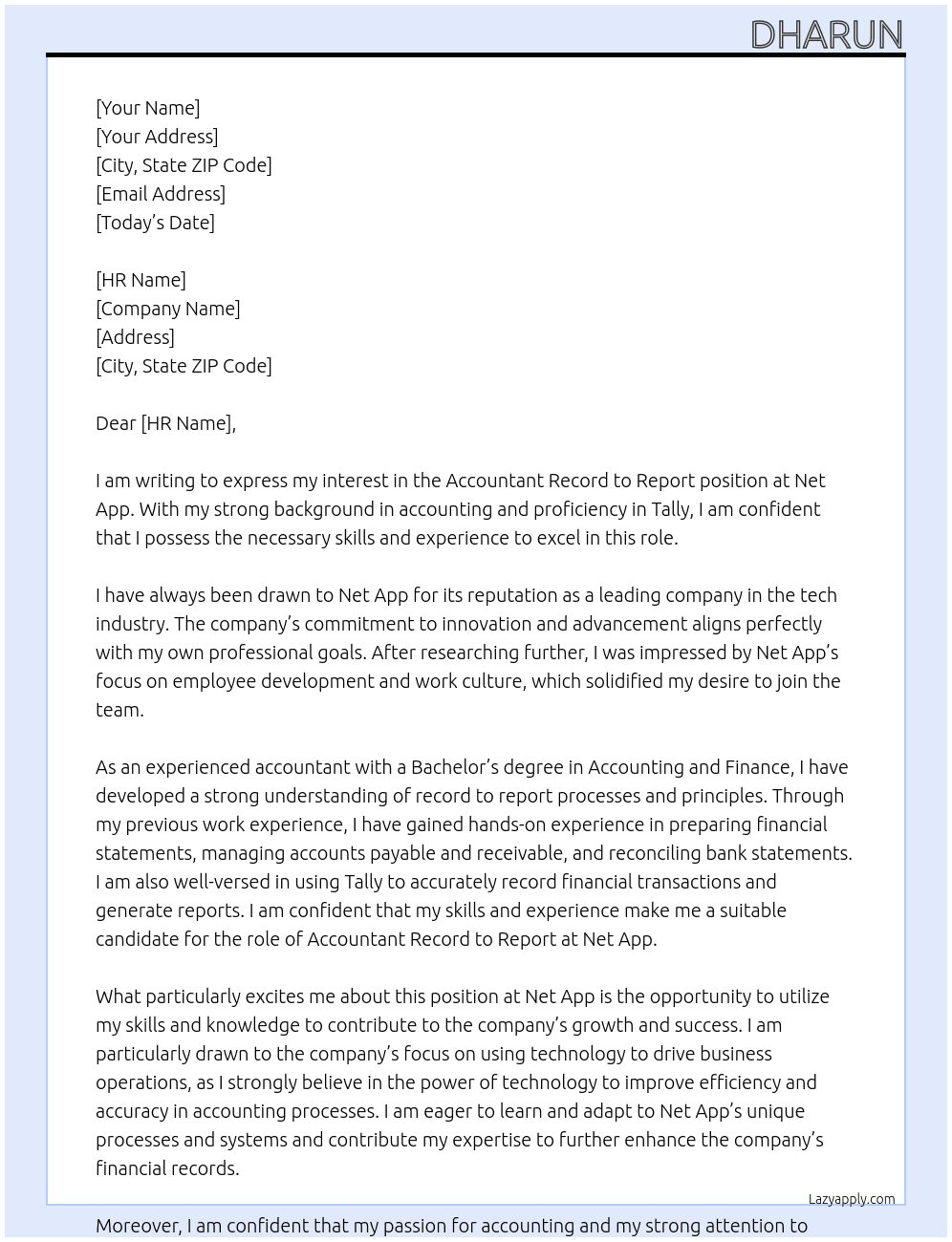 Accountant record to report  At Net app Cover Letter