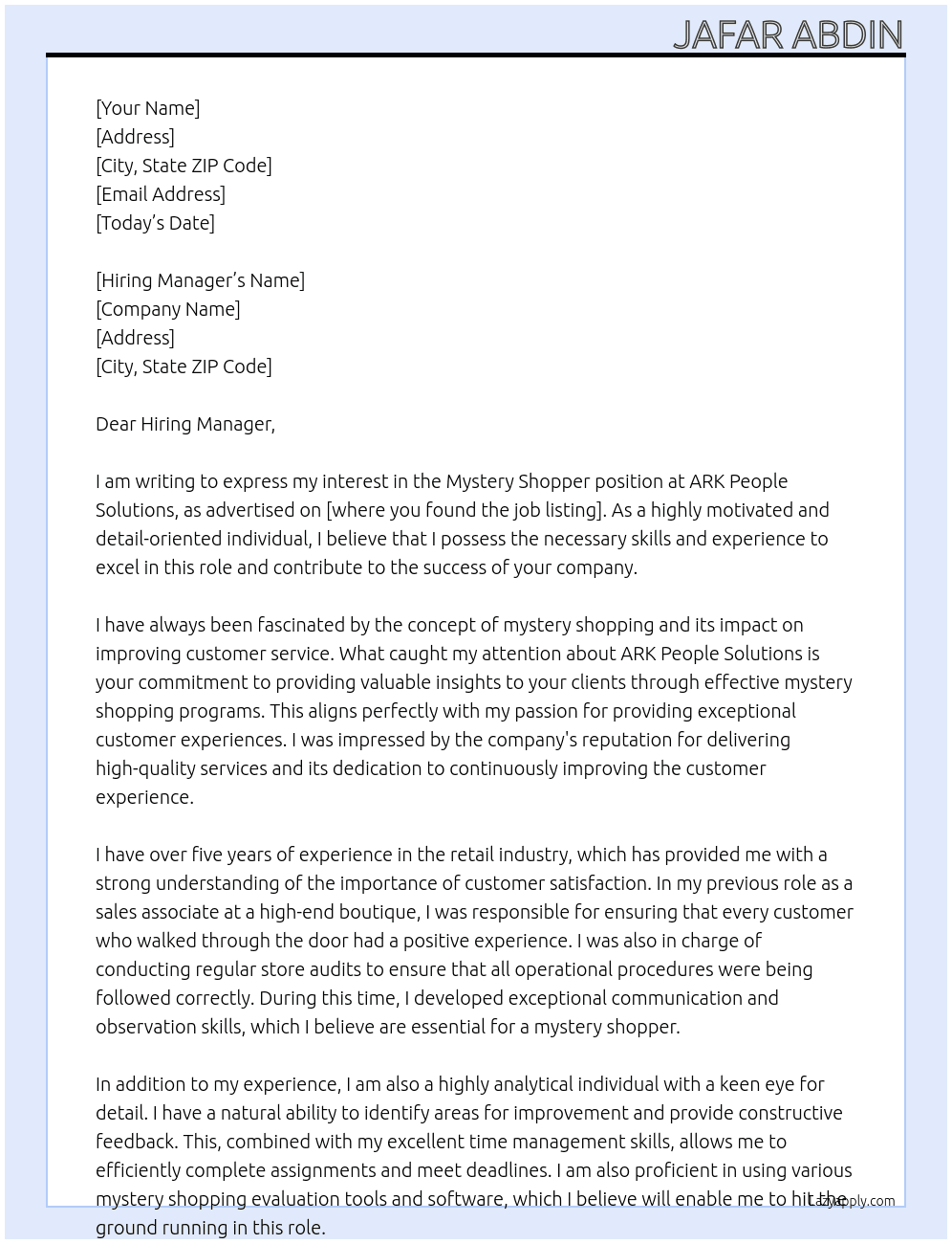 mystery shopper At ARK people solutions Cover Letter