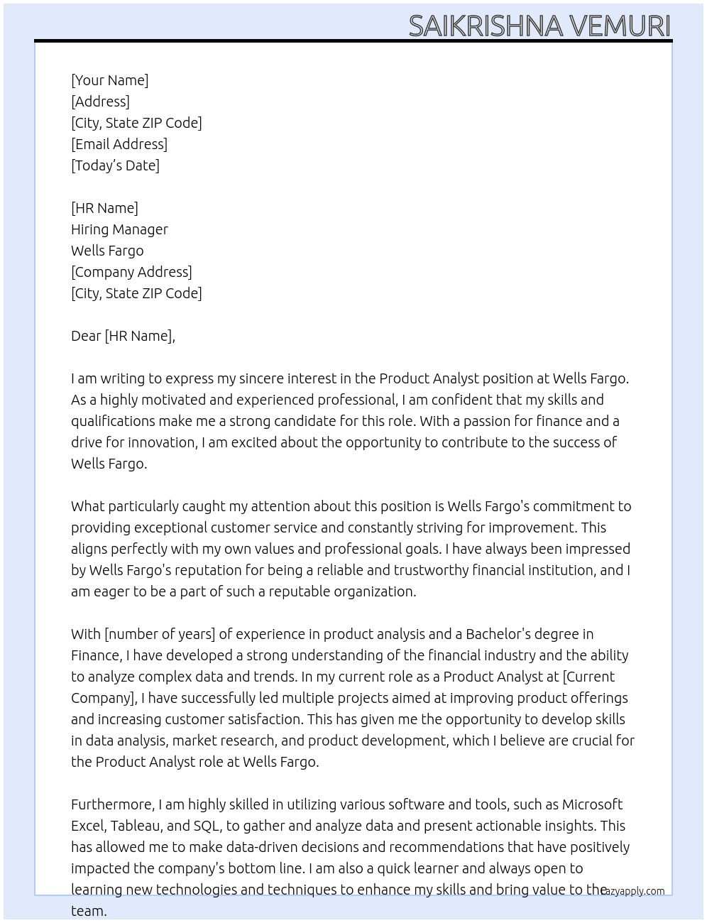 Product analyst At Wells Fargo Cover Letter