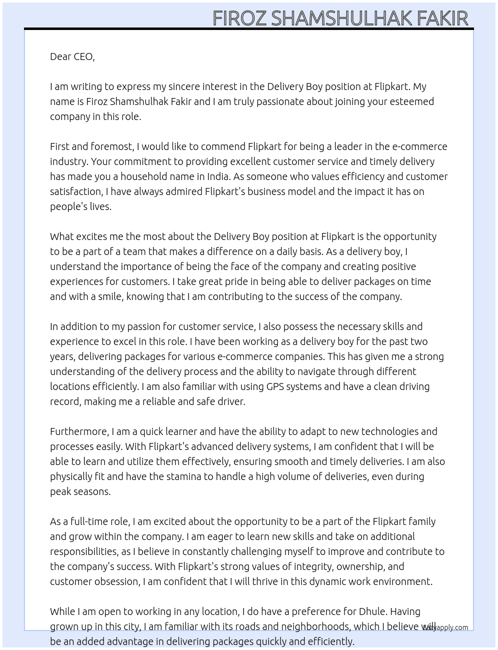 Delivery boy  At Flipkart  Cover Letter