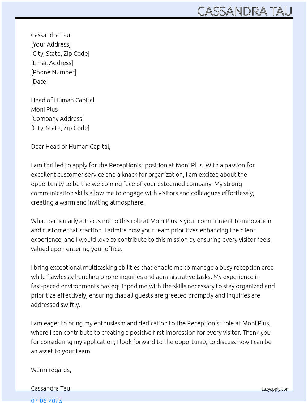 Receptionist At Moni Plus Cover Letter