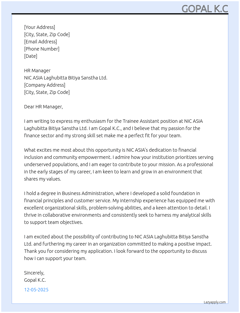 Trainee assistant  At NIC ASIA Laghubitta bitiya sanstha ltd Cover Letter