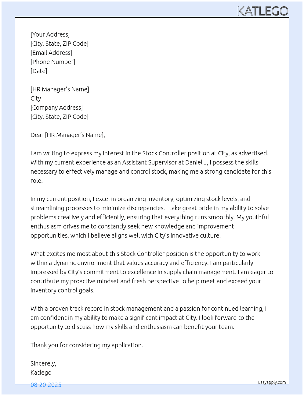 Stock controller At City  Cover Letter