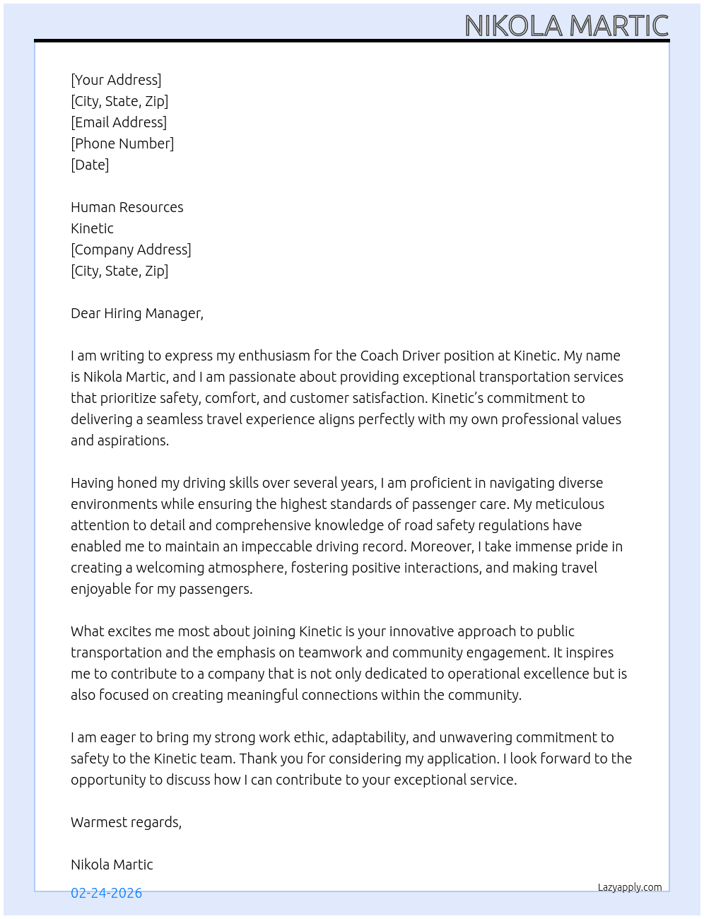 COACH DRIVER At Kinetic Cover Letter