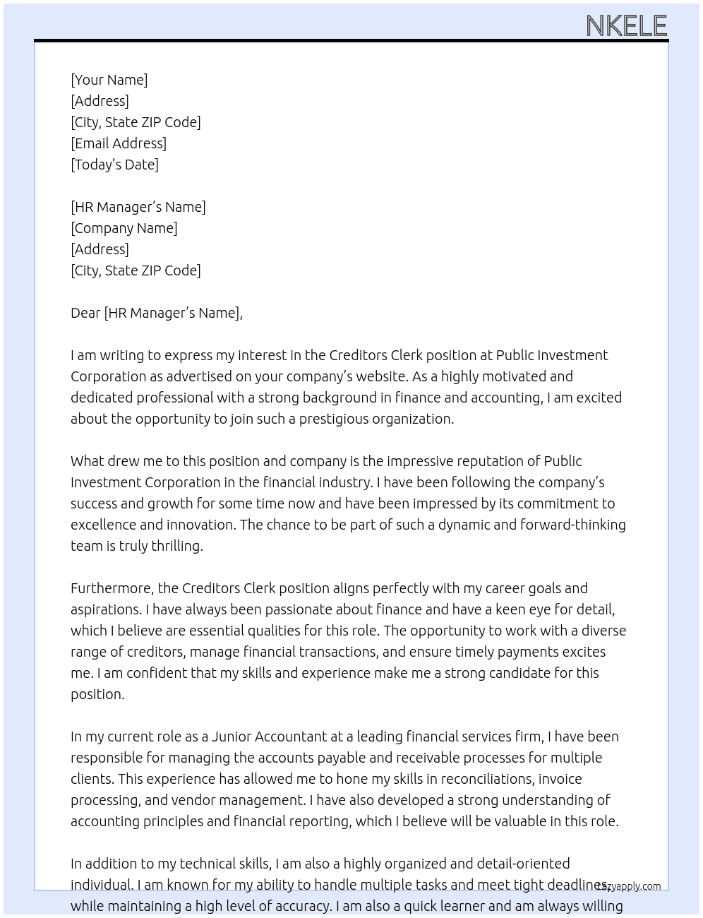 CREDITORS CLERK At PUBLIC INVESTMENT CORPORATION Cover Letter