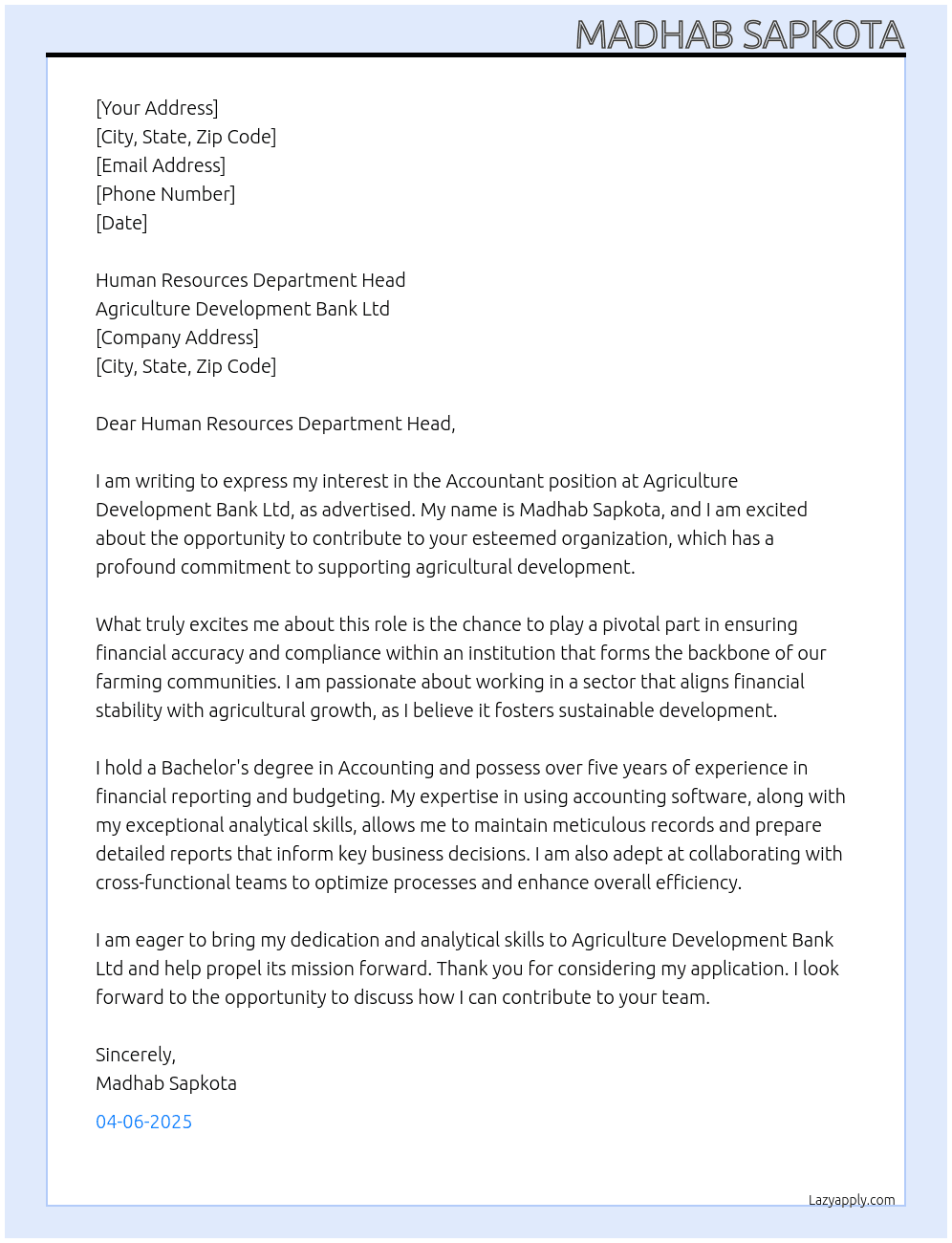 Accountant At Agriculture development bank ltd Cover Letter