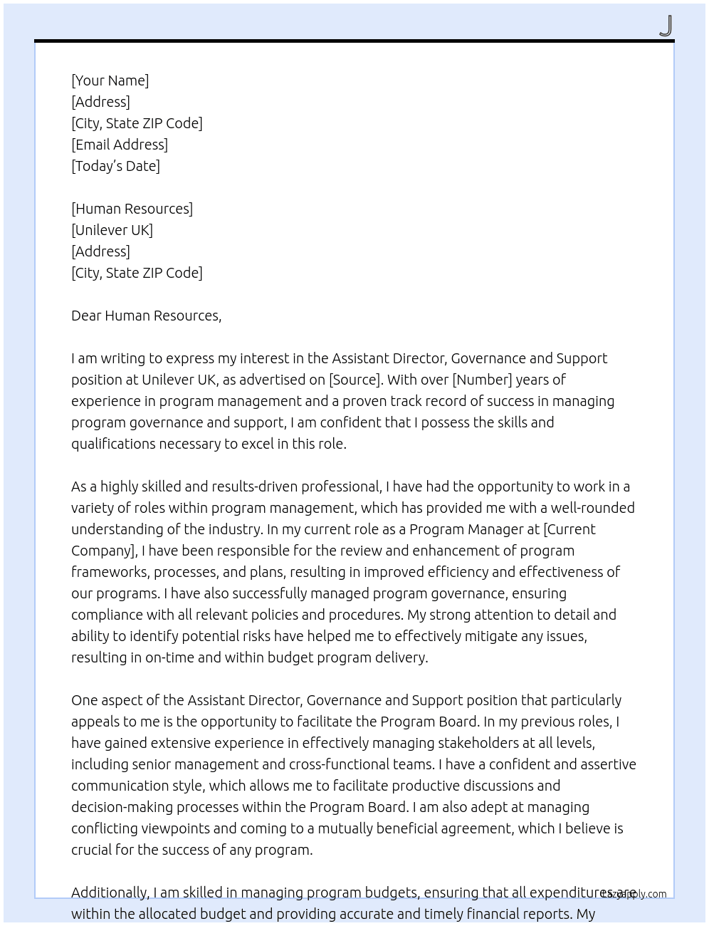 Assistant Director, Governance and Support At Unilever UK Cover Letter