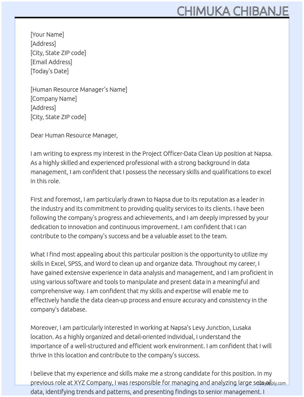 Project Officer-Data Clean Up At Napsa Cover Letter