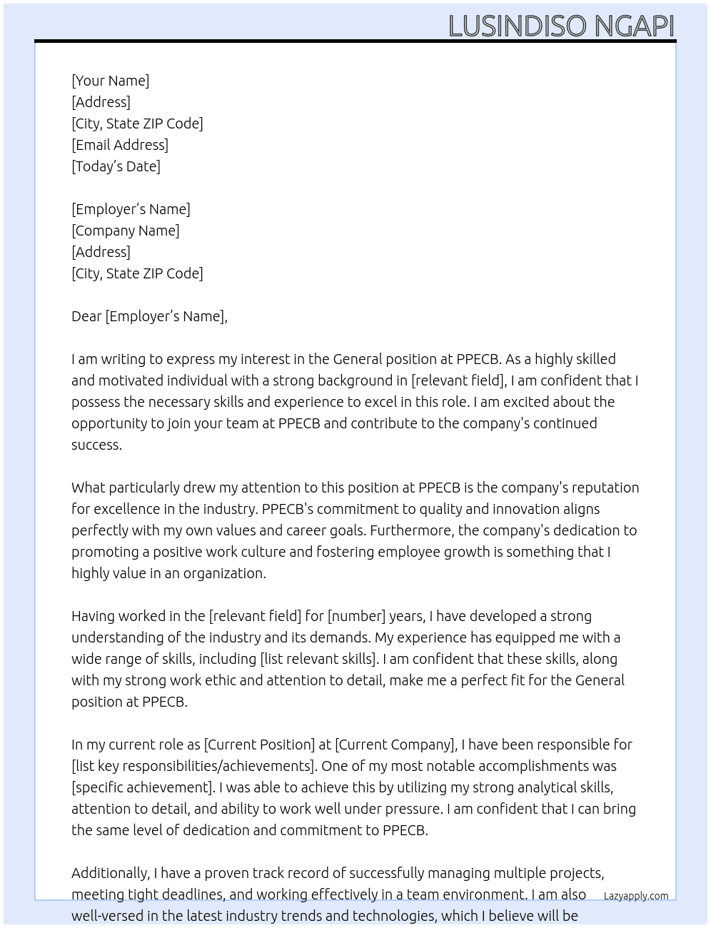 General At PPECB Cover Letter