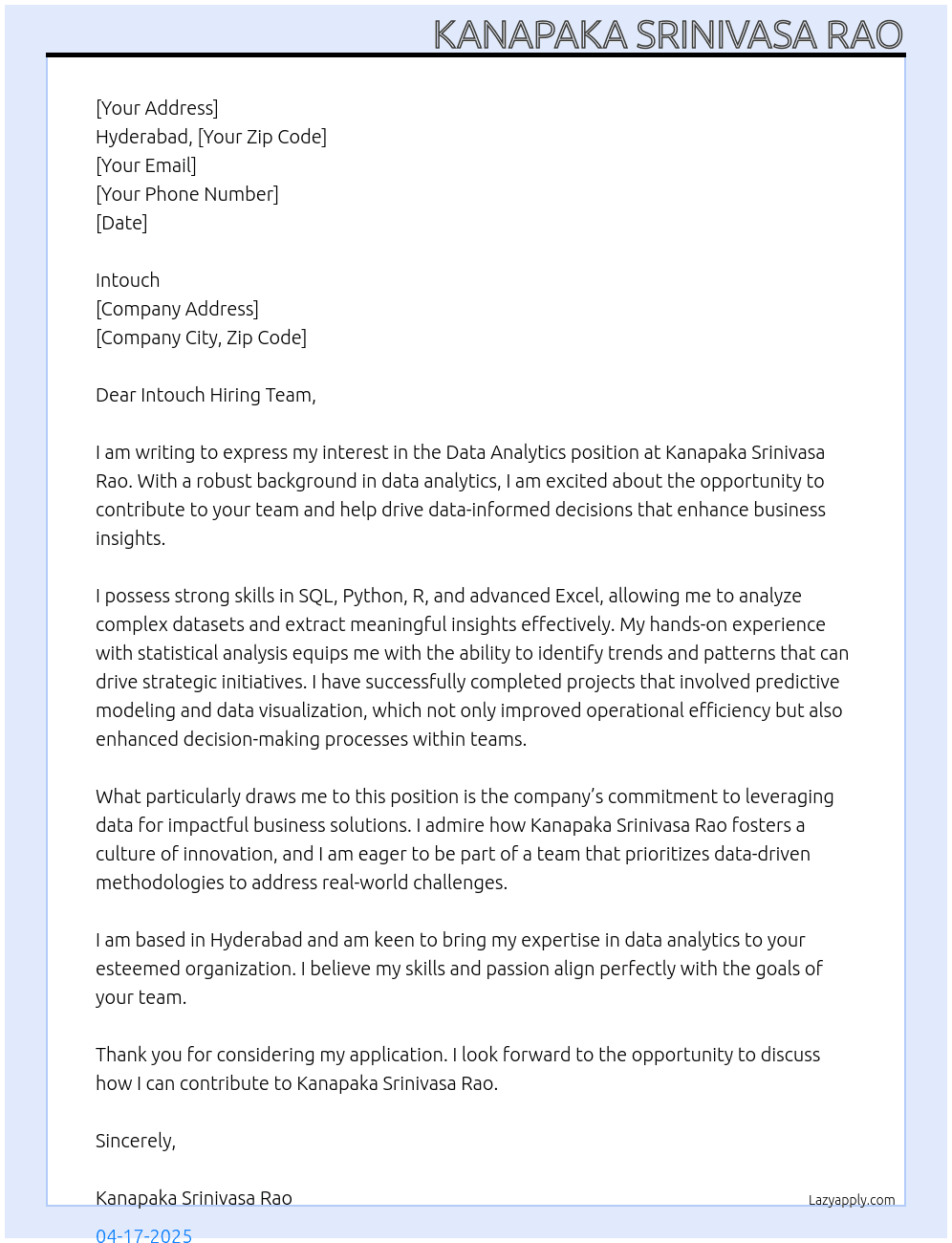 Data analytics  At Kanapaka Srinivasa rao Cover Letter