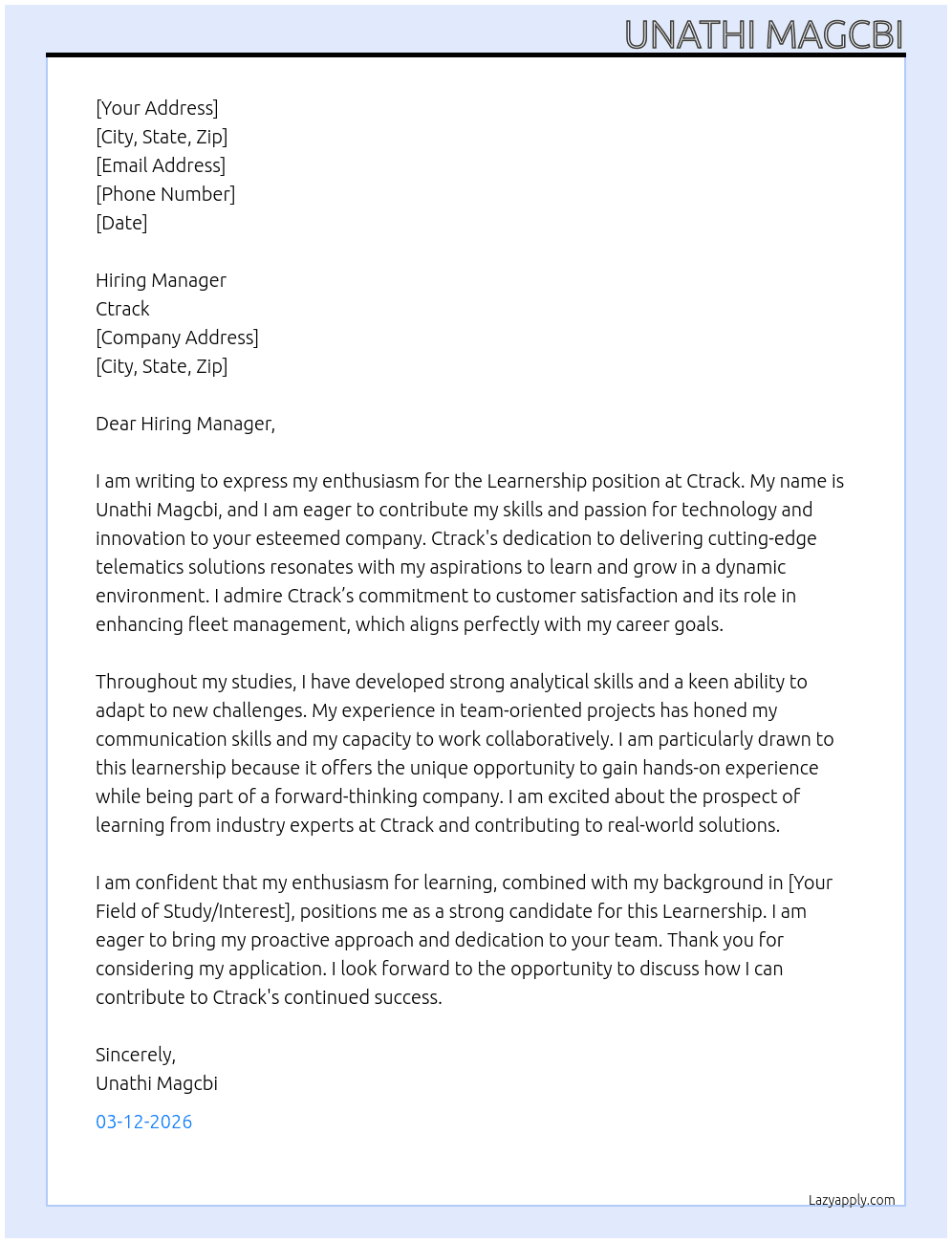 Learnership At Ctrack Cover Letter