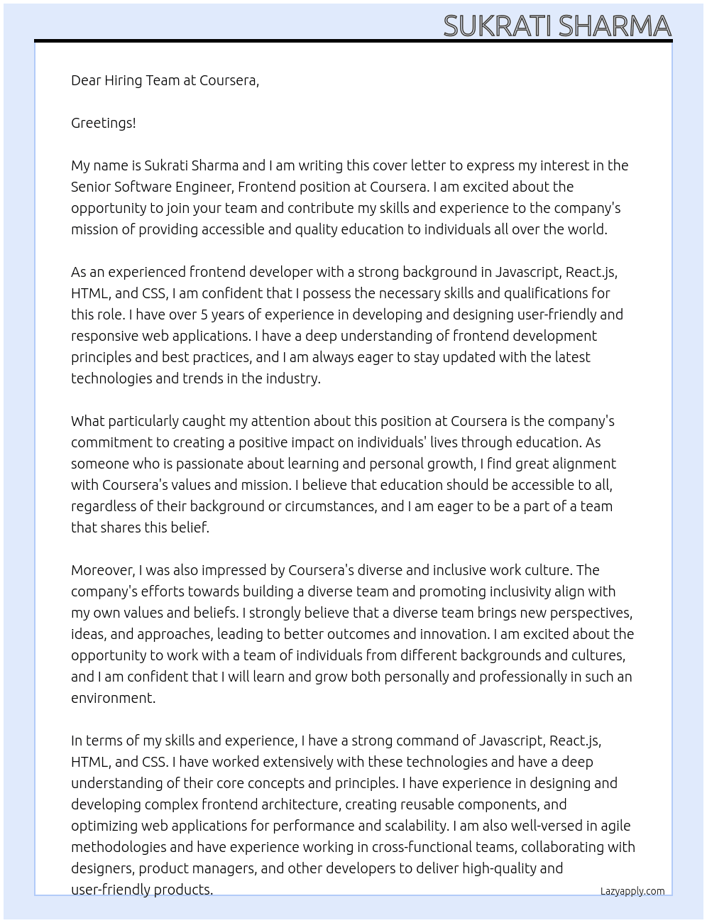 Senior Software Engineer, Frontend At Coursera Cover Letter