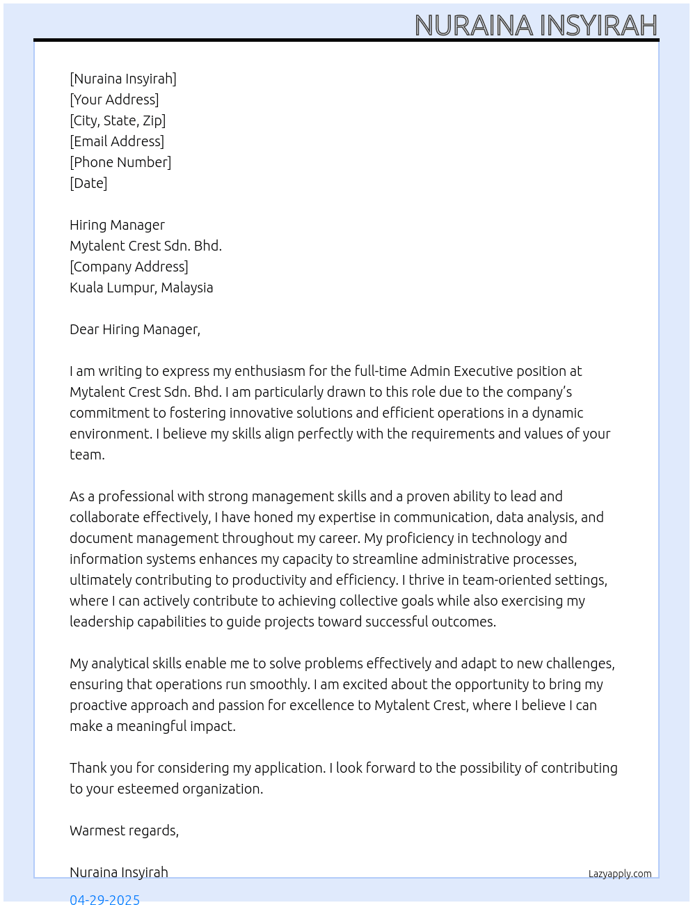 Cover letter for admin executive - LazyApply