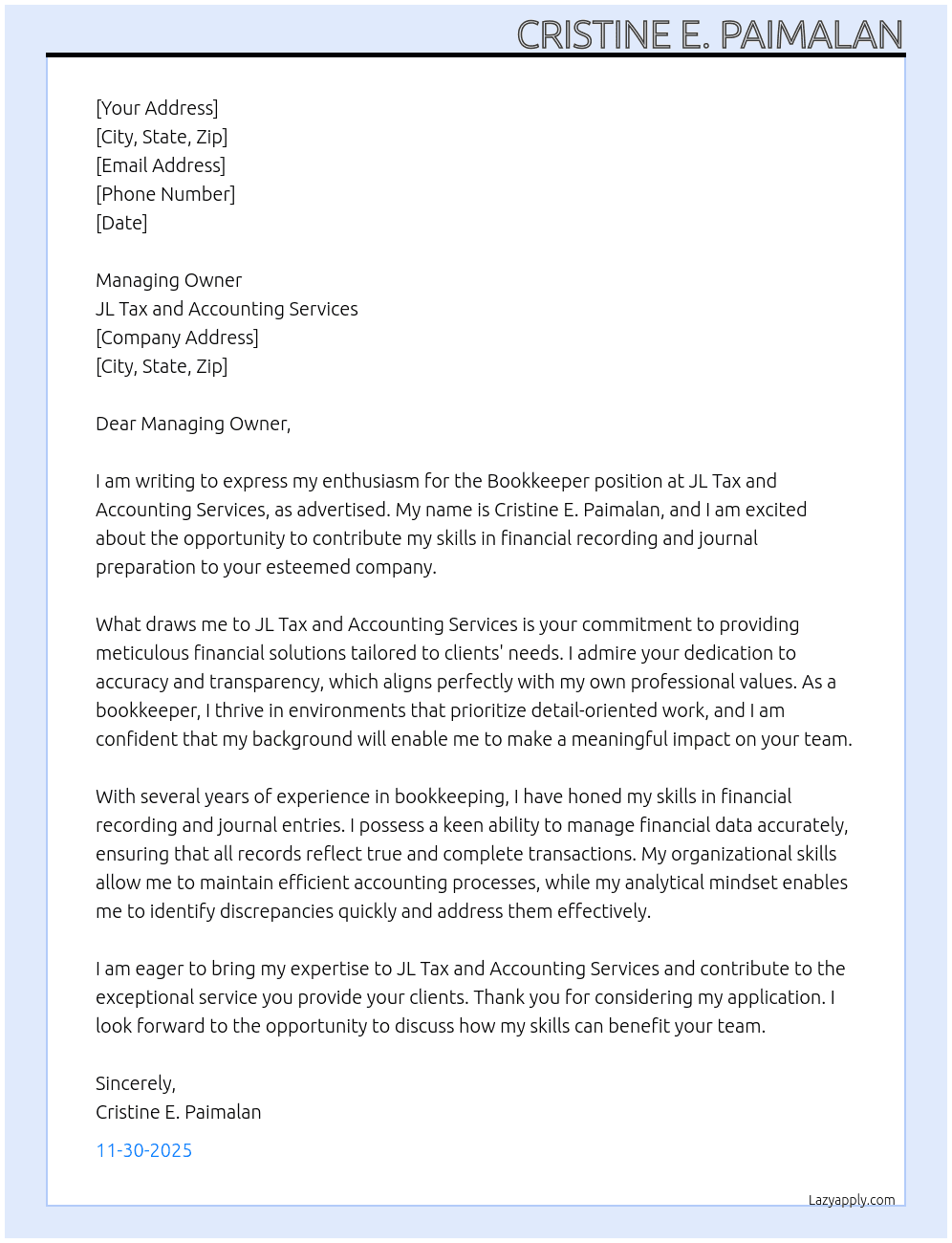 Bookkeeper At JL TAX AND ACCOUNTING SERVICES  Cover Letter