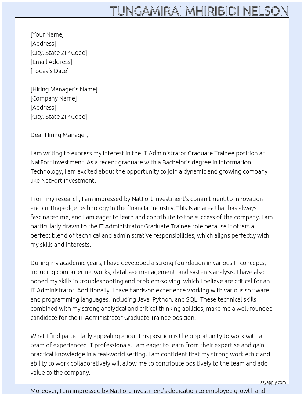 Cover letter for it administrator graduate trainee - LazyApply