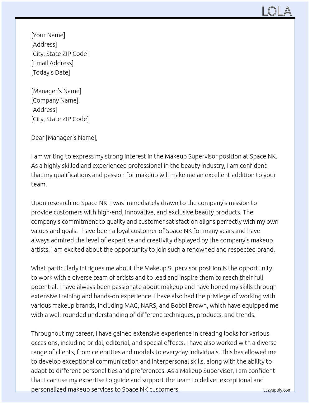 Cover letter for makeup supervisor - LazyApply