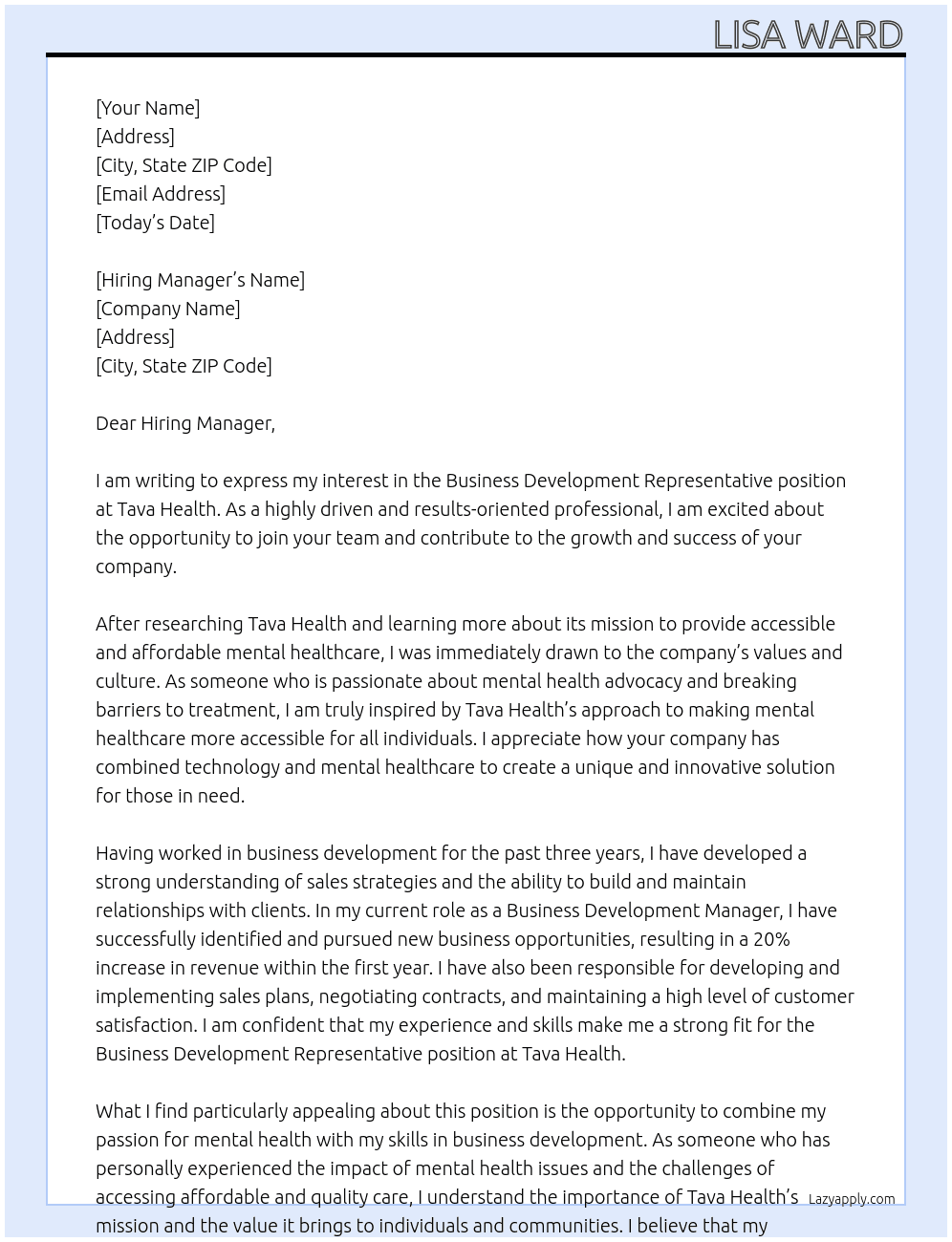 Business Development Representative At Tava Health Cover Letter