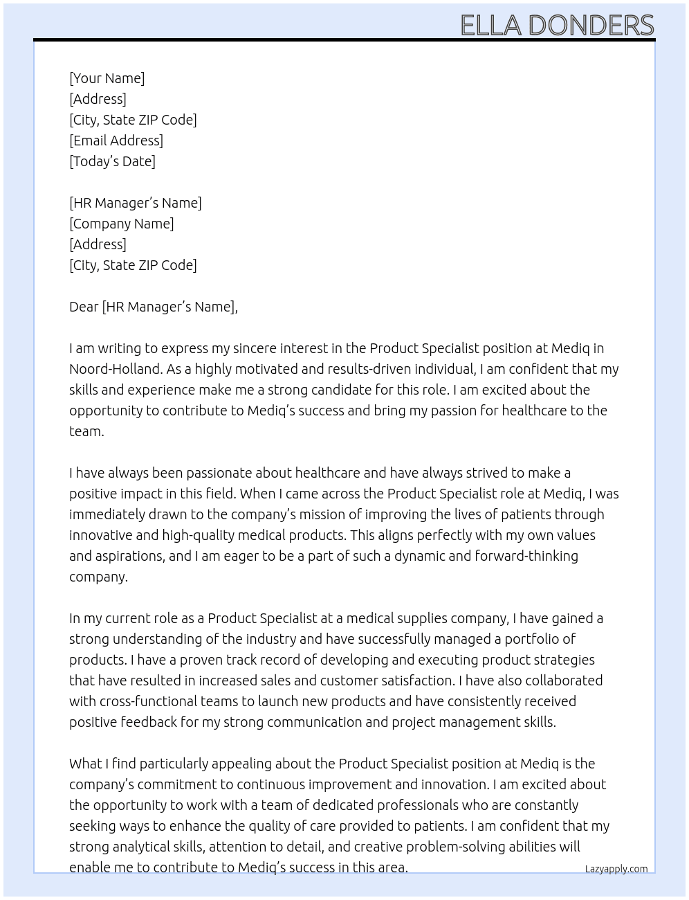 Productspecialist Noord-Holland At Mediq Cover Letter