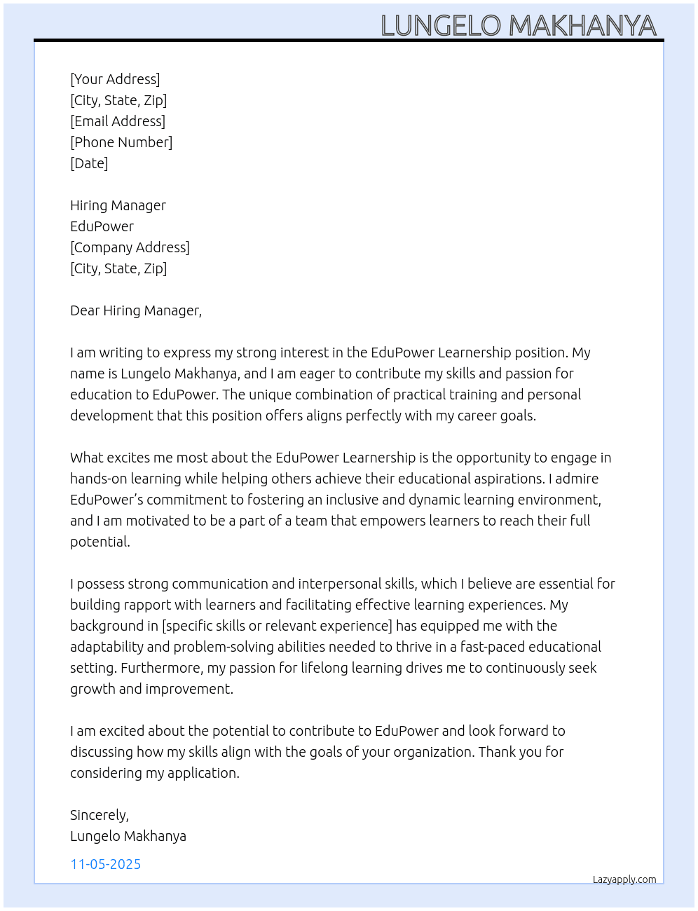 EduPower Learnership  At EduPower Cover Letter