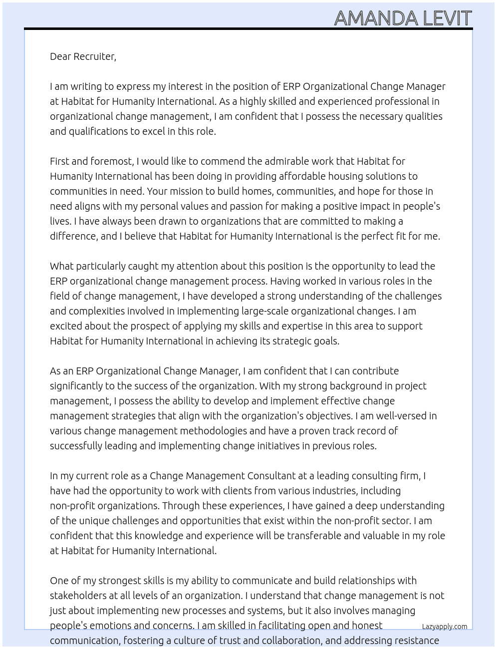 Cover letter for erp organizational chanage manager - LazyApply