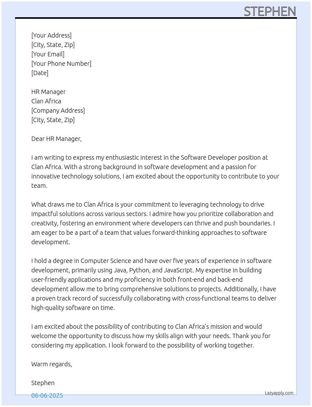 Software Developer At clan africa Cover Letter
