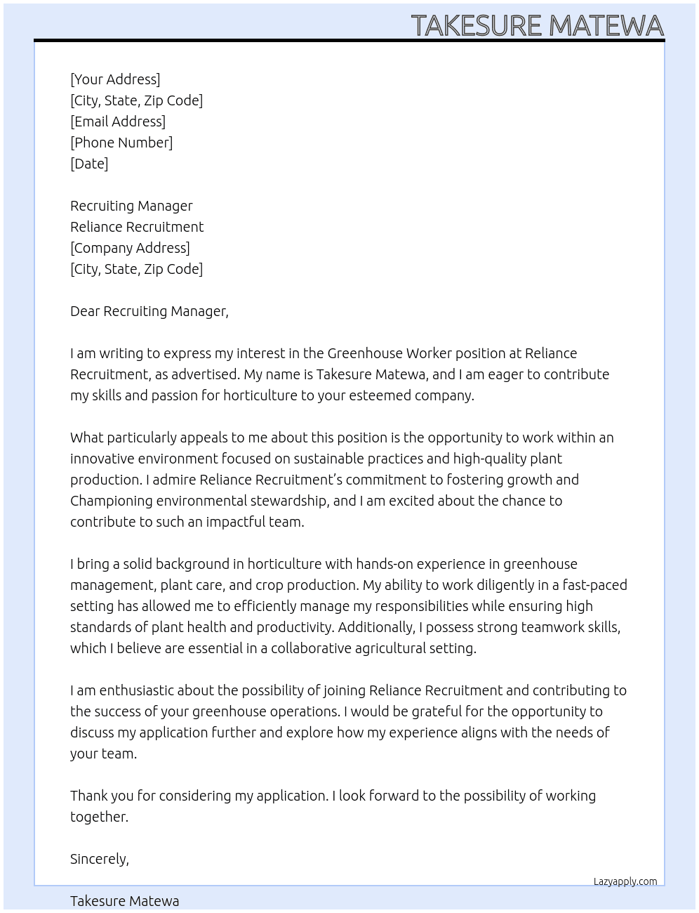 Greenhouse worker At Reliance Recruitment  Cover Letter
