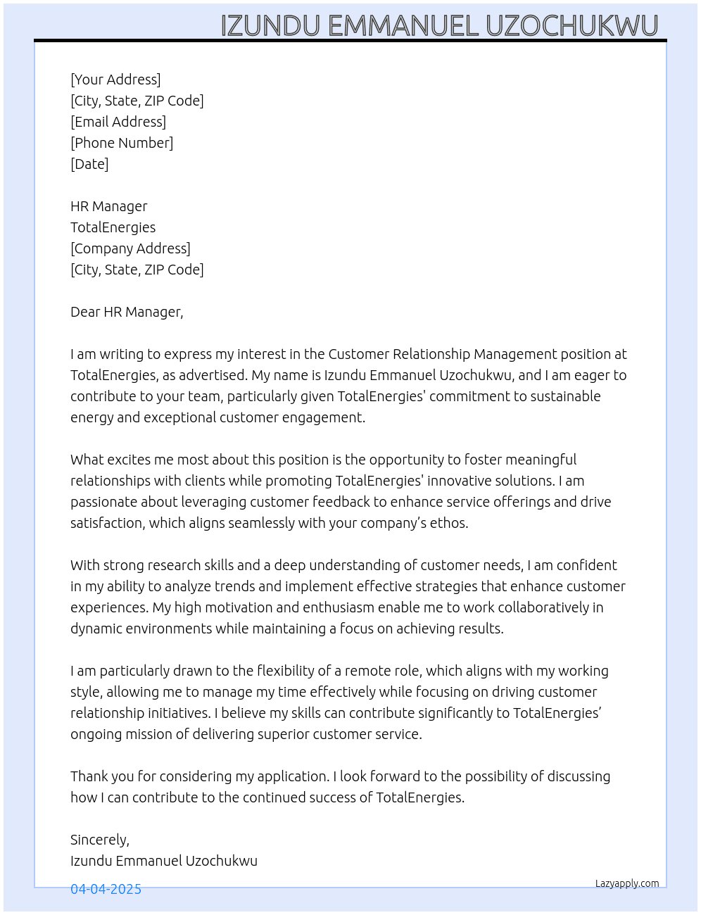 Customer relationship management  At Totalenergies Cover Letter