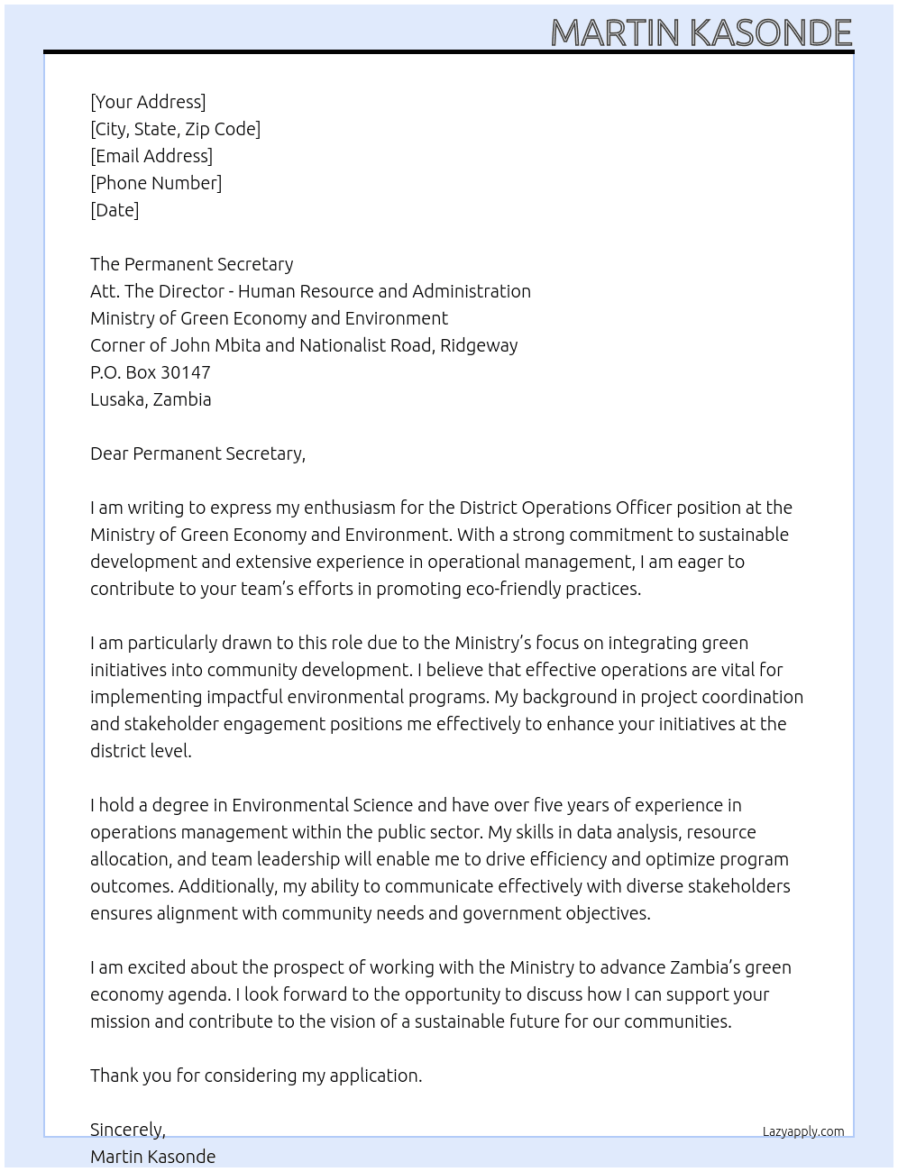 DISTRICT OPERATIONS OFFICER At Ministry of Green Economy and Enveronment Cover Letter