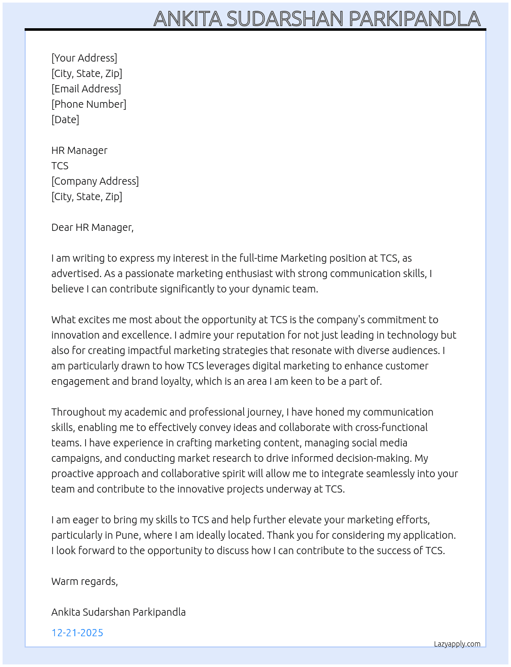 Marketing related position  At TCS  Cover Letter