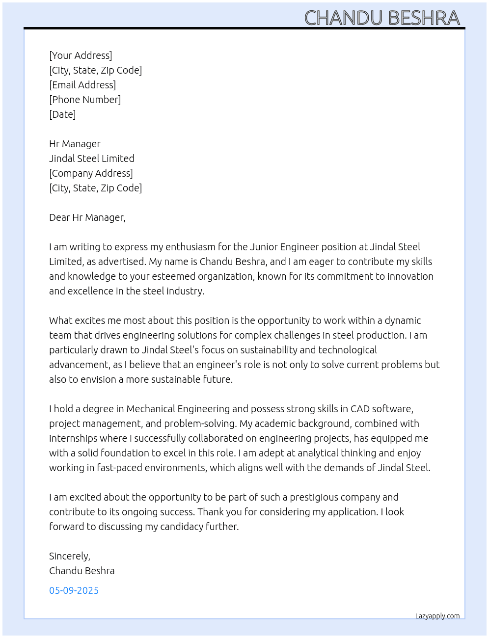 Junior engineer  At Jindal Steel limited  Cover Letter